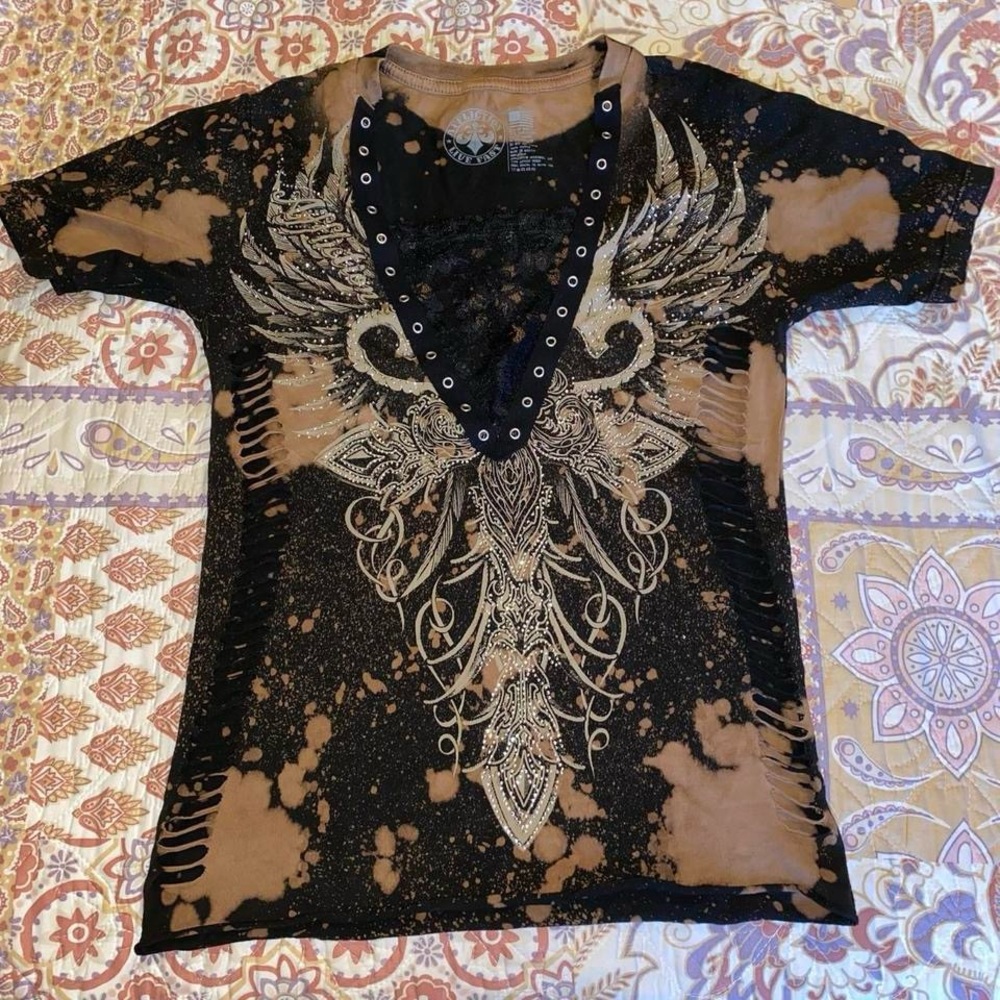 Affliction Black and Brown Graphic Tie Dye Tee with embellishments